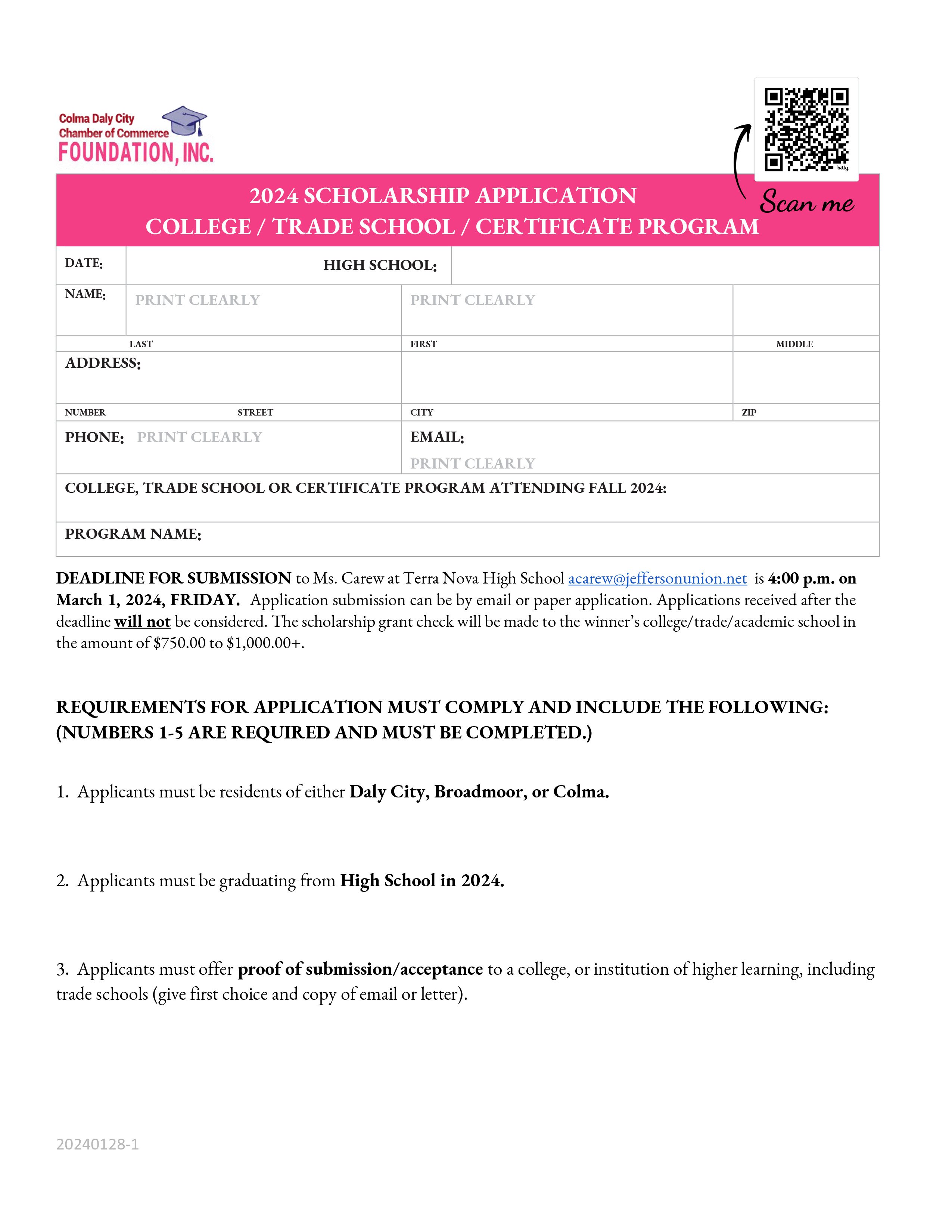 Page 1 of 3 Access to Higher Education Scholarship Application for Broadmoor, Daly City and Colma High School Seniors DUE MARCH 1,2024 Page 1 of 3 Access to Higher Education Scholarship Application for Broadmoor, Daly City and Colma High School Seniors DUE MARCH 1,2024